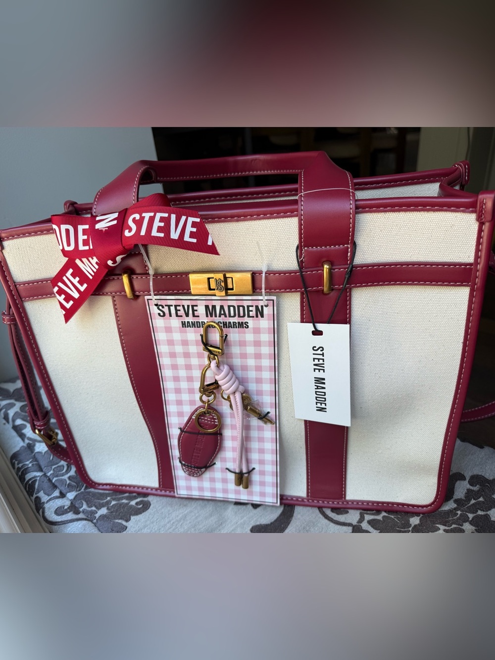 Steve Madden Cream Canvas Tote with Burgundy Faux leather Trim and Charm